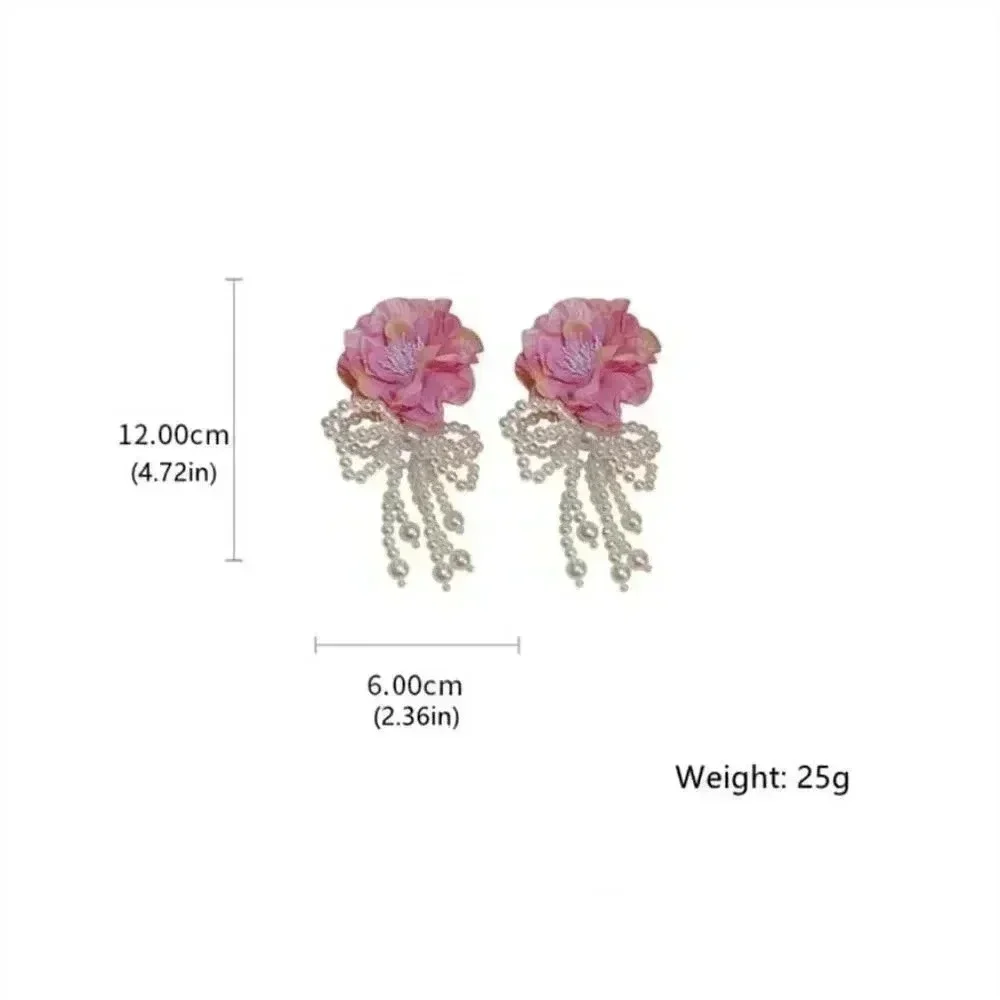 White Large Flower Decor Faux Pearl Tassel Earrings